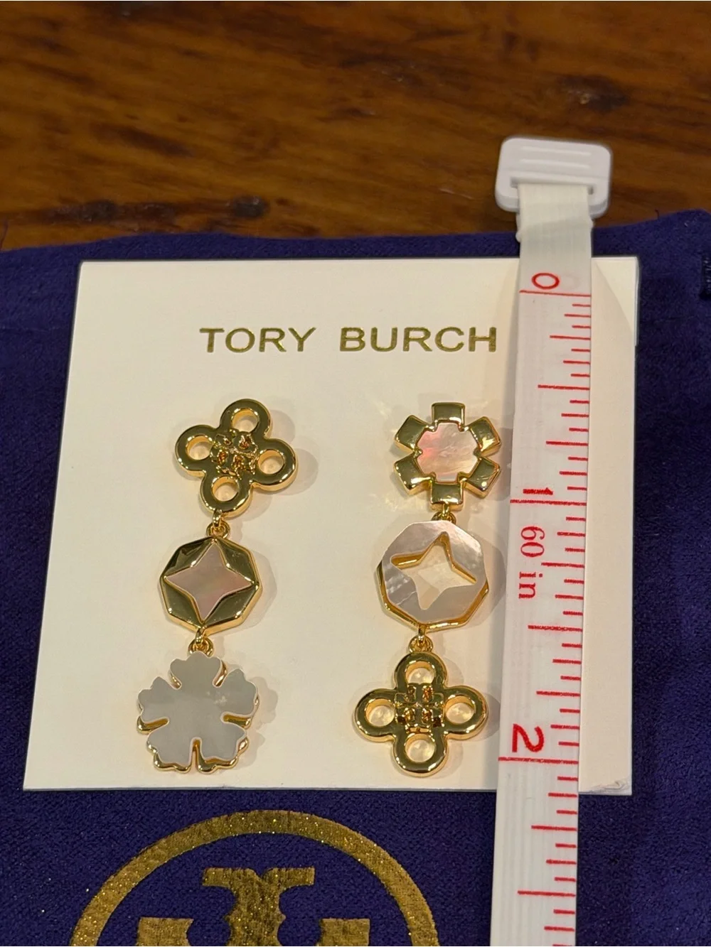 Tory Burch Kira Clover Gold Mother of Pearl Drop Earrings with Dust Bag NWT